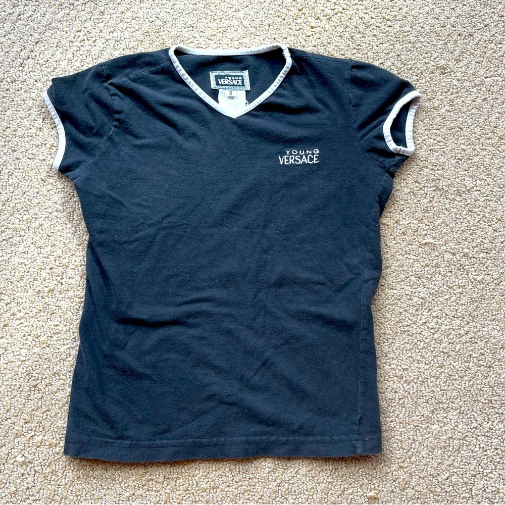 Girls vintage Versace vee neck black tee shirt size 8
